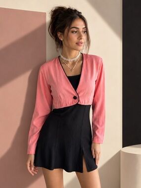 80s Vintage  salmon pink and black cropped cardigan  with a button closure